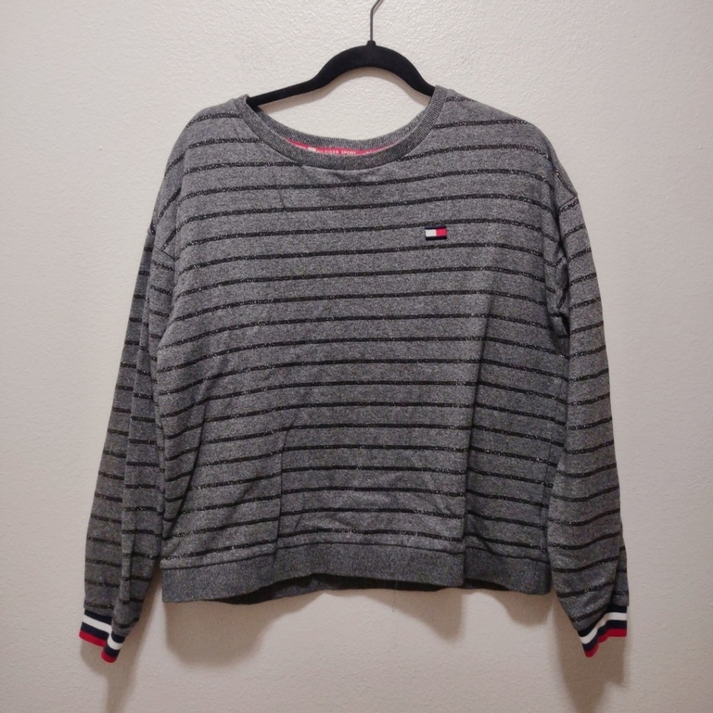 Tommy Hilfiger Sport Gray Glitter Stripe Crew Neck Long Sleeve Sweatshirt S